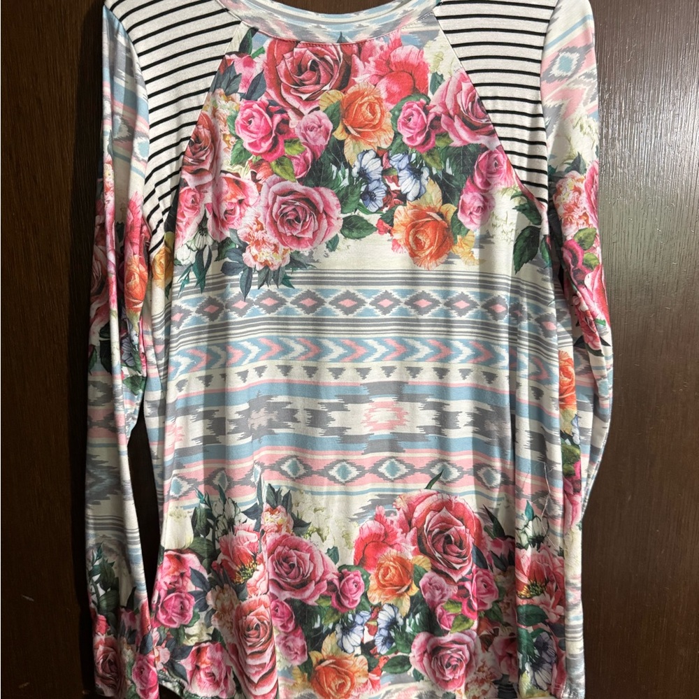 Pink and Orange Long Sleeve Graphic Blouse
